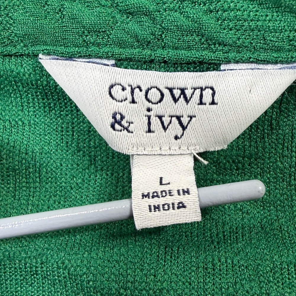 Crown & Ivy Blouse Women L Green Ruffle Neck Textured Puff Sleeve Top - Picture 6 of 11